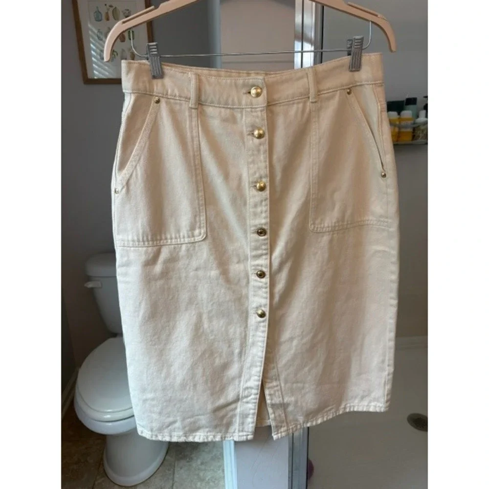 Michael Kors Womens Cream Denim Button Front Pencil Skirt Gold Hardware Size 10